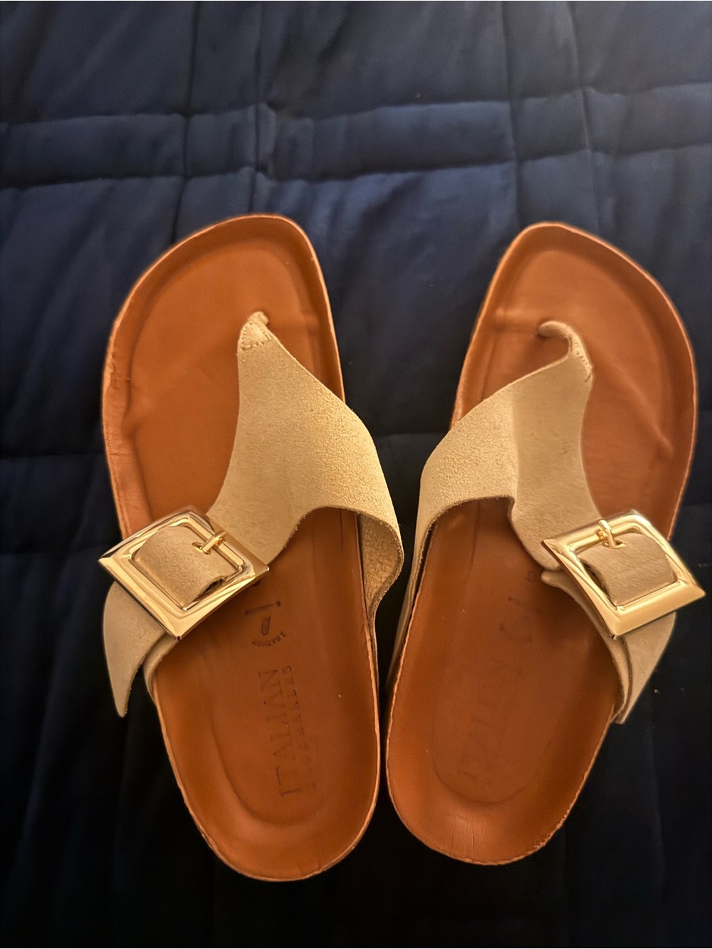 Beige Suede Buckle Slide Sandals - Women's Flats & Loafers
